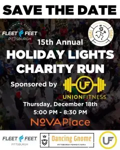 Fleet Feet and Dancing Gnome Run Clubs' Holiday Lights Charity Run sponsored by Union Fitness logo