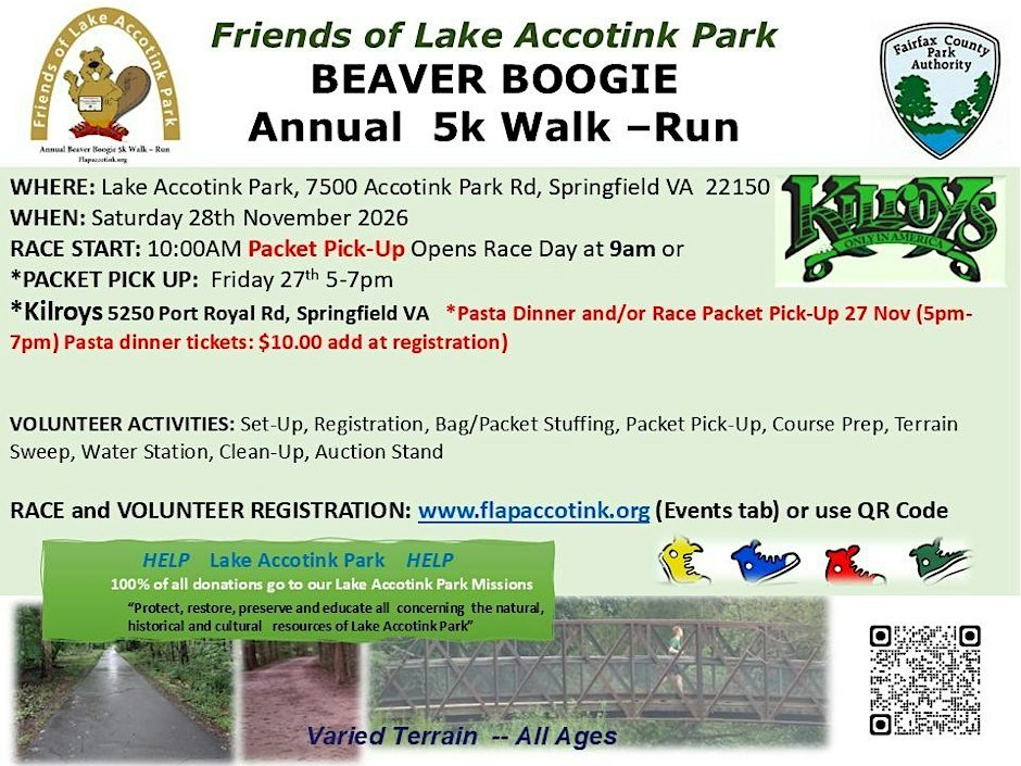 4th Annual Lake Accotink Park Beaver Boogie 5k Run or Walk Logo