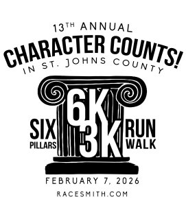 CHARACTER COUNTS! in St. Johns County Six Pillars 6K/3K Run/Walk Logo