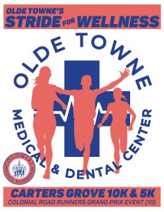 Olde Towne's "Stride for Wellness" CARTER'S GROVE 10K & 5K Logo