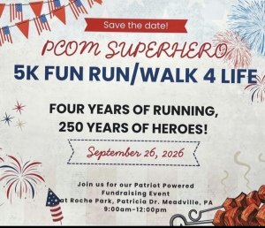 PCOM Superhero 5K FUN Run/Walk 4 Life, Four Years of Running, 250 Years of Heroes! Logo